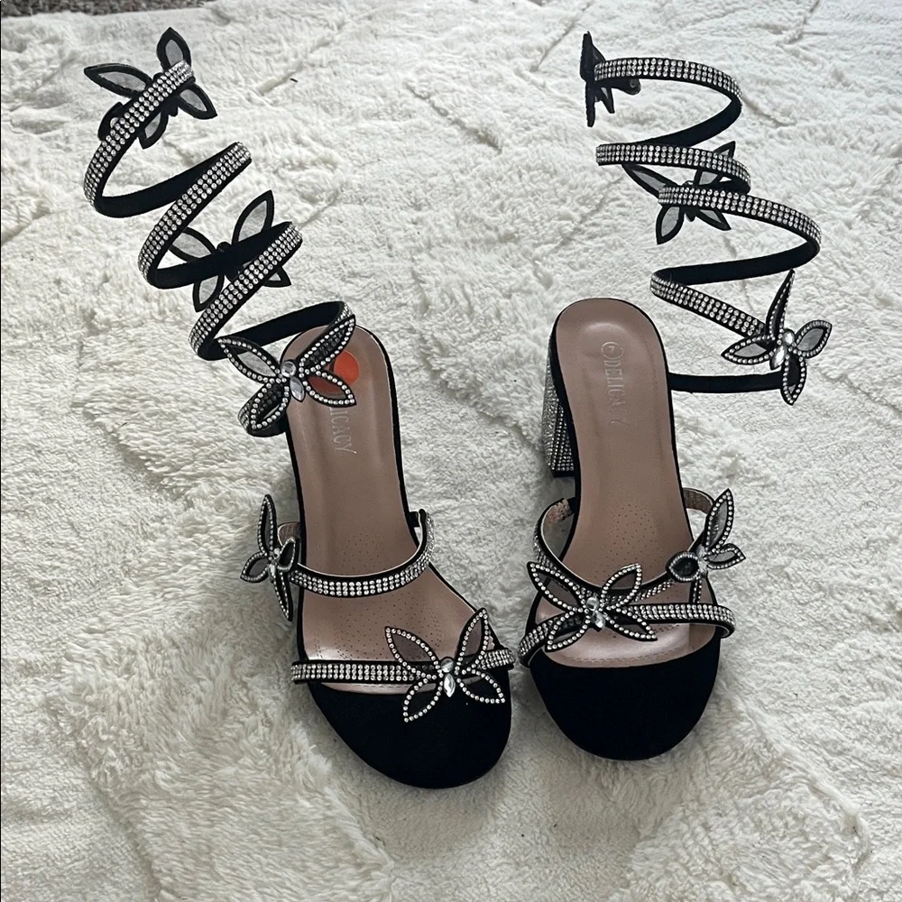 Black Rhinestone Wrap Heels - Picture 3 of 6
